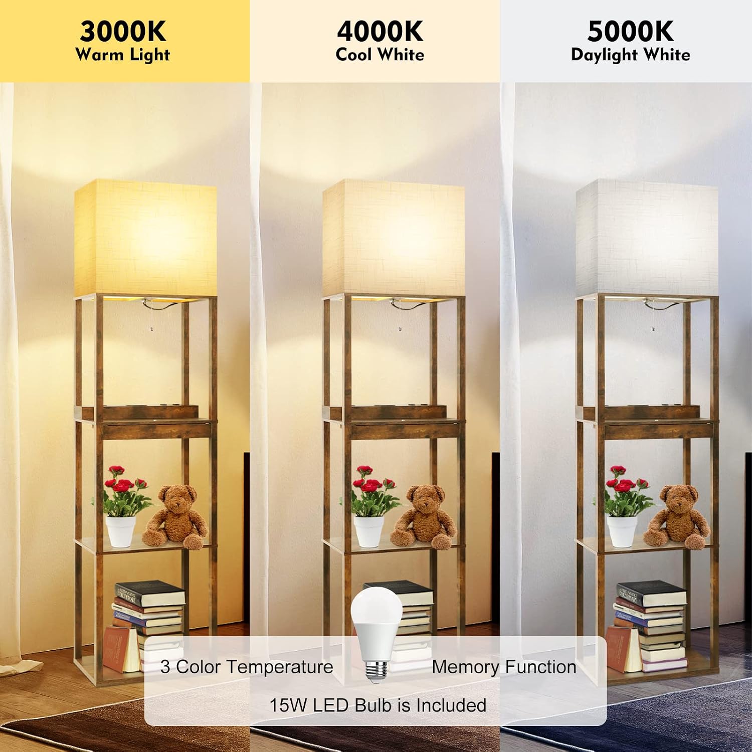RUNTOP Floor Lamp with Shelves, Plus Shelf Lamp with Wireless Charger, 2 USB Port and Outlet, 1 Drawer, 15W LED Bulb, 3 Colors, Memory…