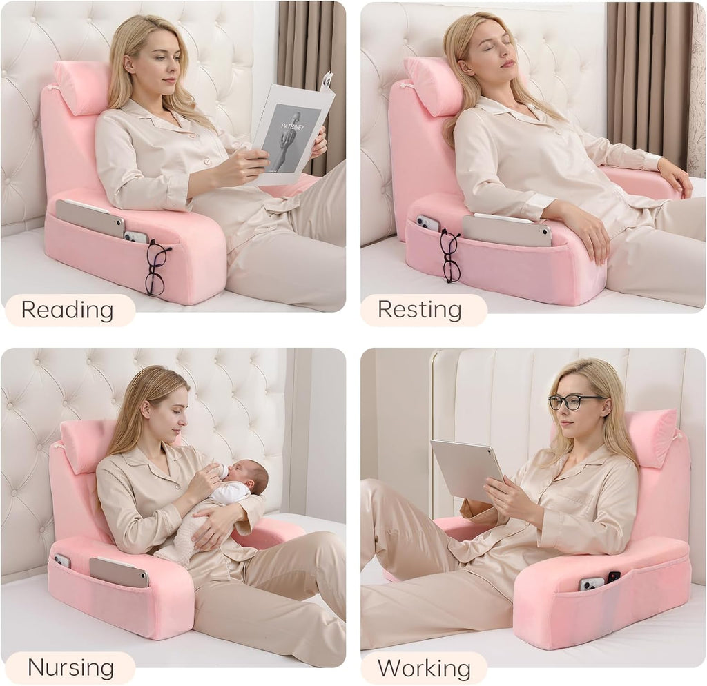 ENITYA 19" Back Support Pillow, Reading Pillow with Built-in Arms & Large Pockets, Removable Washable Cover, Wedge for…