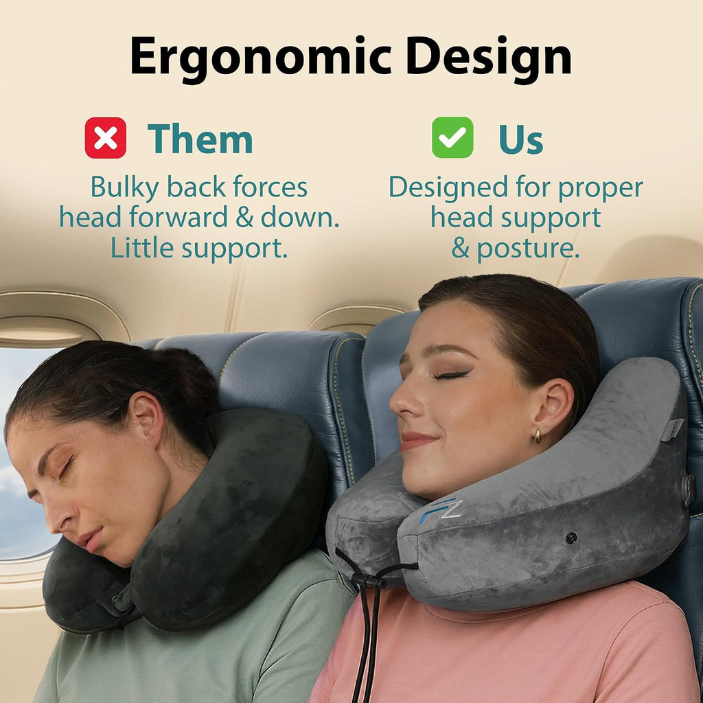 FLOWZOOM Air Inflatable Neck Pillow for Traveling on Plane - H-Shape Hooded Travel Pillow with 5 Snooze Modes, Fast Inflation, Pressure…