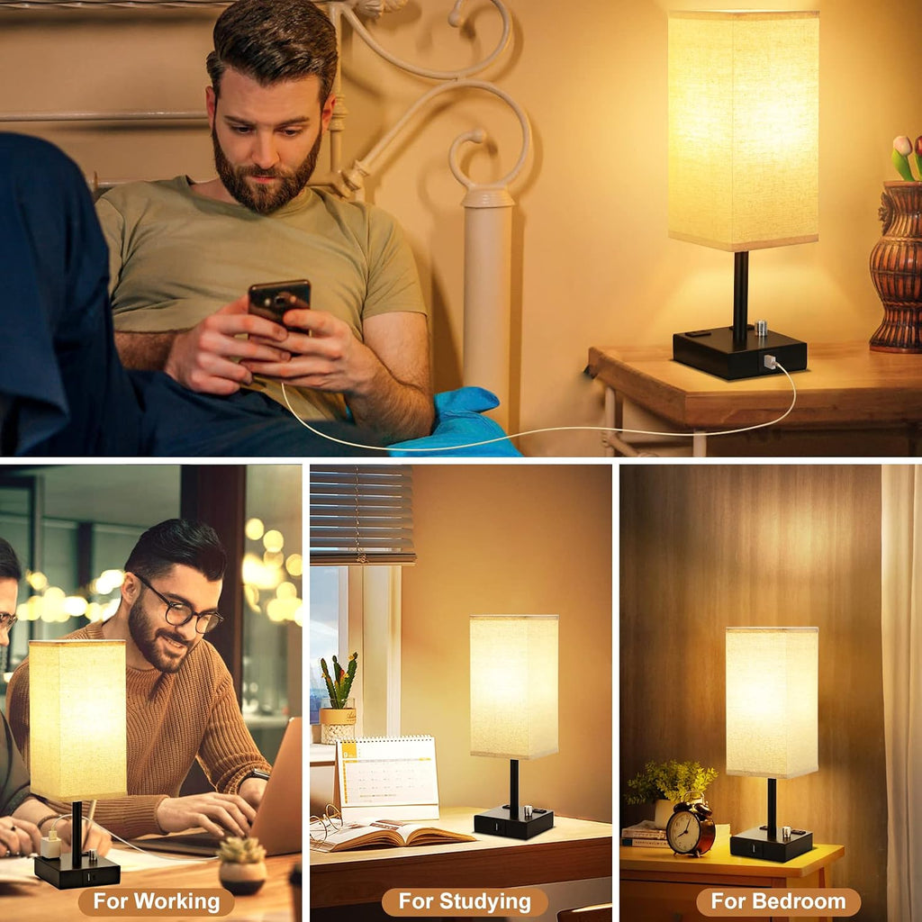 aooshine Fully Dimmable Nightstand Lamps Set of 2 - Table Bedside Lamp with USB C+A Charging Ports & 2 AC Outlets, Square Lamp Sets Linen…