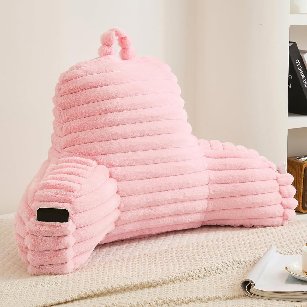Memfydu Faux Fur Fluffy Pink Reading Pillow with Pockets, Luxury Striped Plush Decorative, Arm Rests and Back Support for Bed Rest, Loungin…
