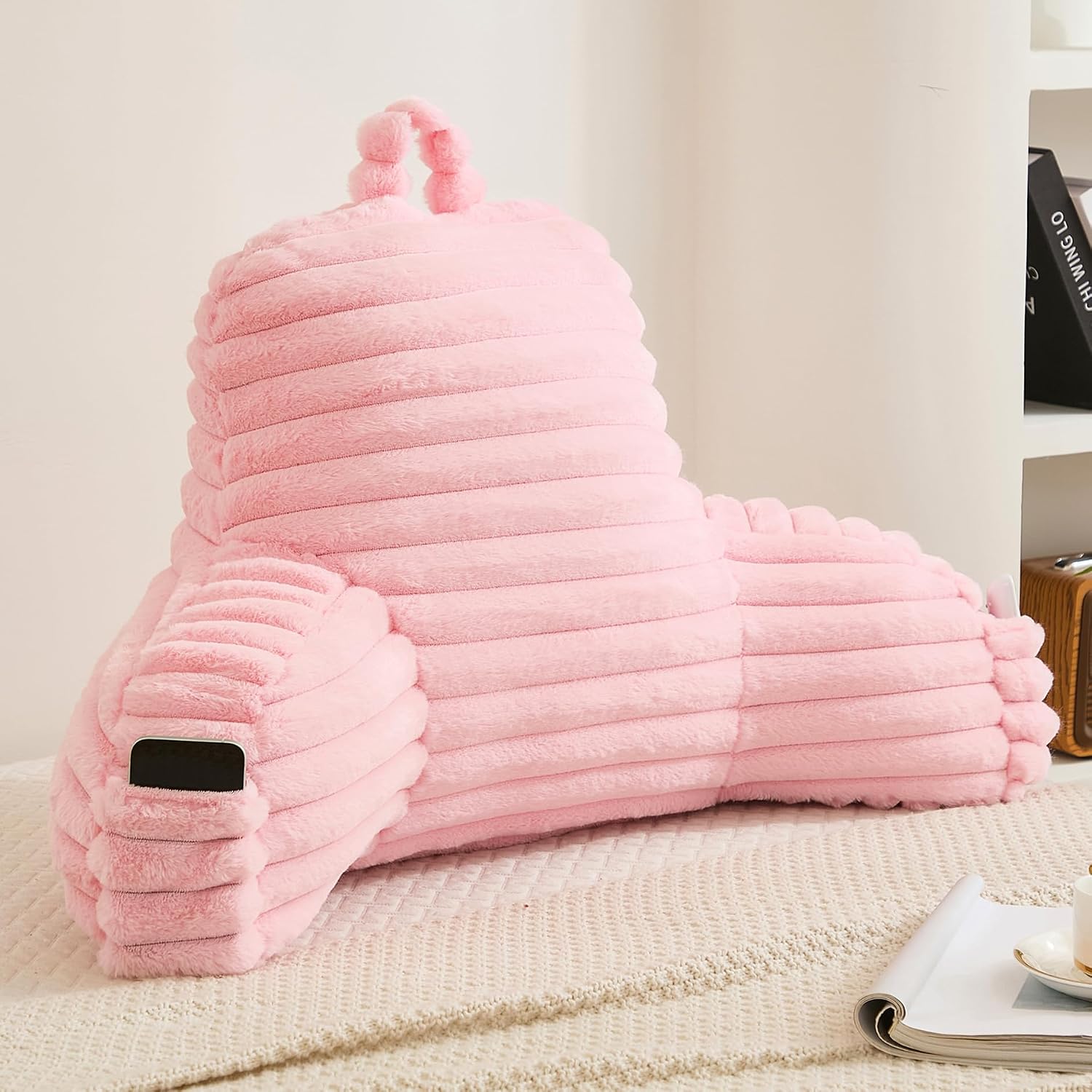 Memfydu Faux Fur Fluffy Pink Reading Pillow with Pockets, Luxury Striped Plush Decorative, Arm Rests and Back Support for Bed Rest, Loungin…