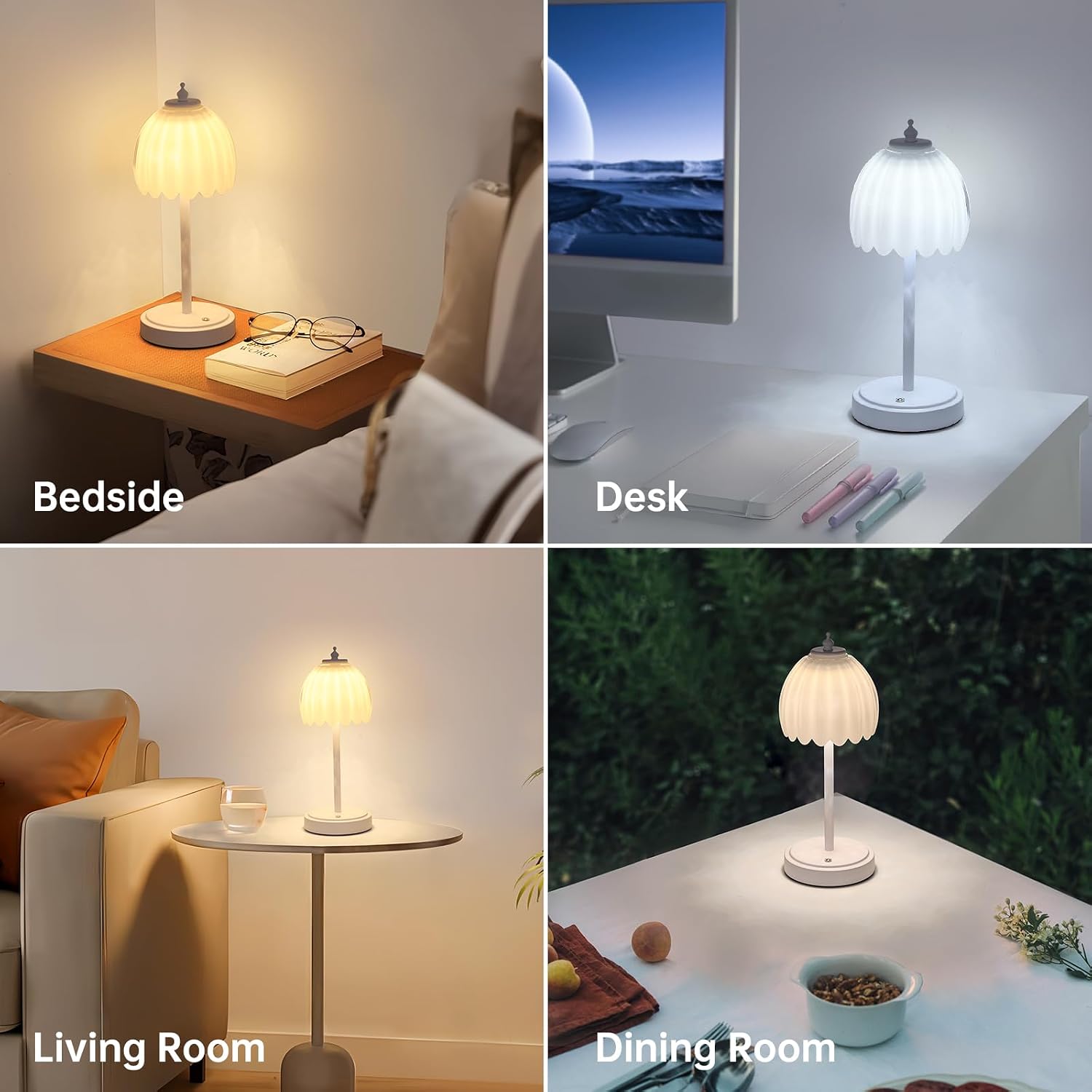 Shenmoyl Tulip Table Lamp with 5200mAh Battery & Touch Control, Cordless Small Table Lamp with 3 Colors, Dimmable Rechargeable Table…