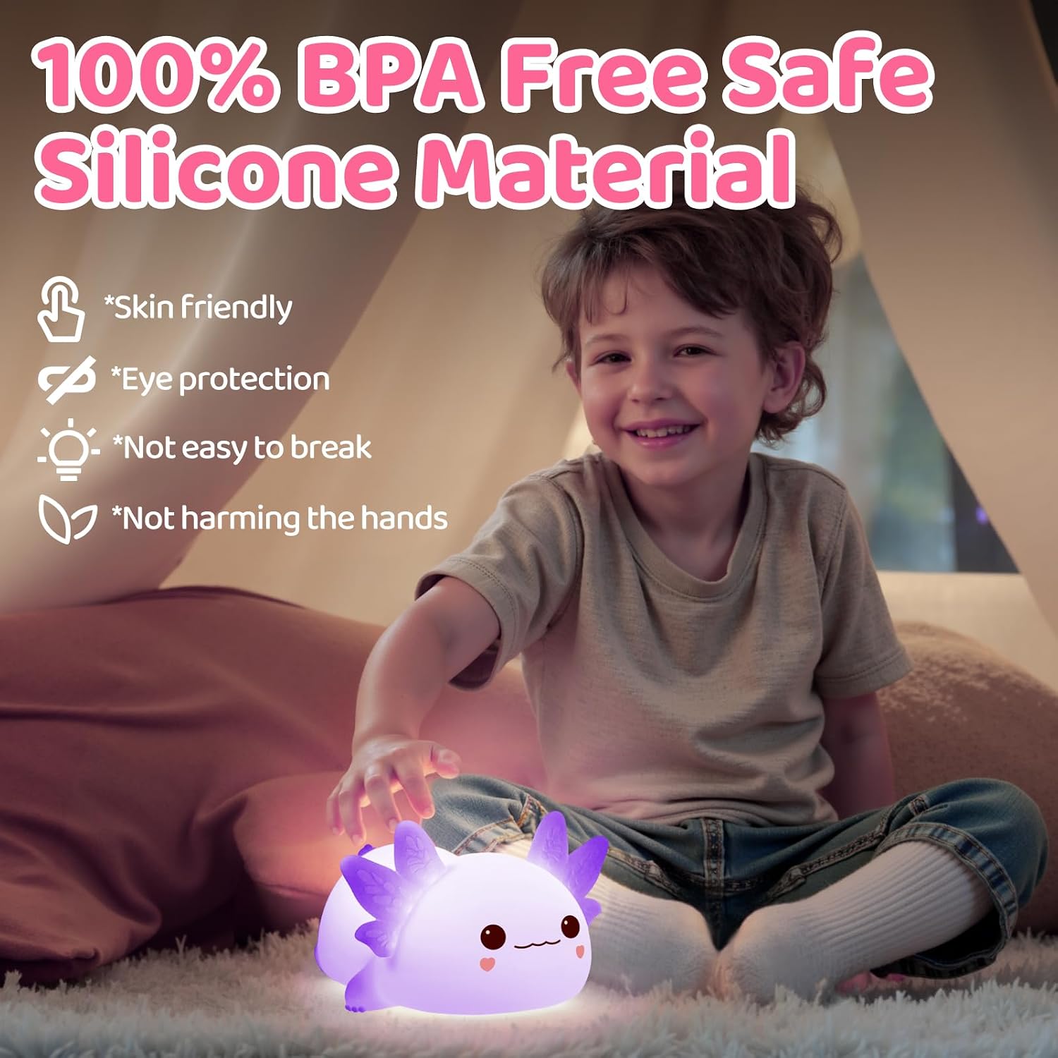 Mewaii Huggwaii Squishy Axolotl Night Light for Kids, Dimmable Silicone Kids Night Light with 4 White Noise, 2025 Upgraded Rechargeable…