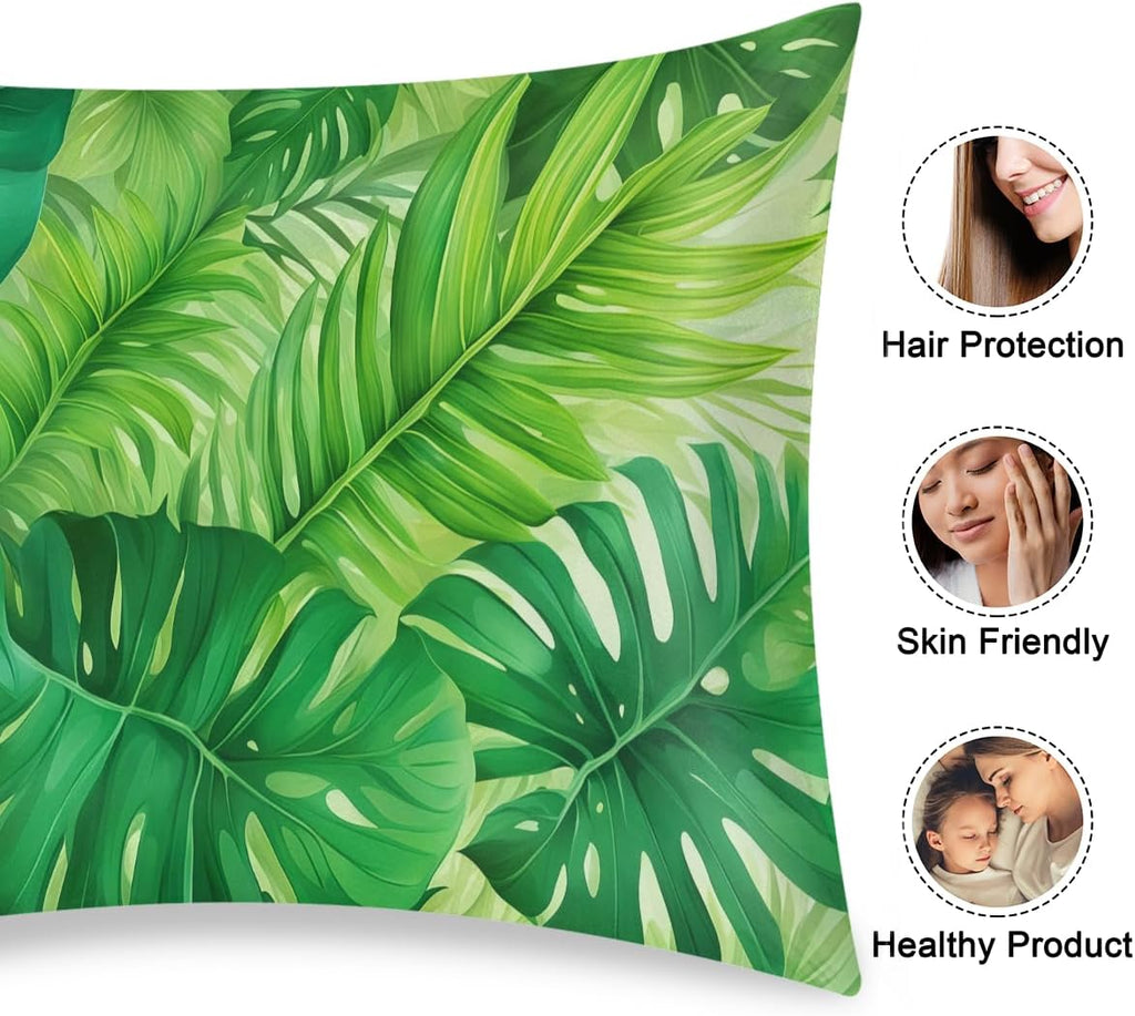 Palm Leaf Summer Beach Satin Silk Pillowcase for Hair and Skin Pillow Cases Queen Size Soft Silk Pillow Case with Envelope Closure Print…