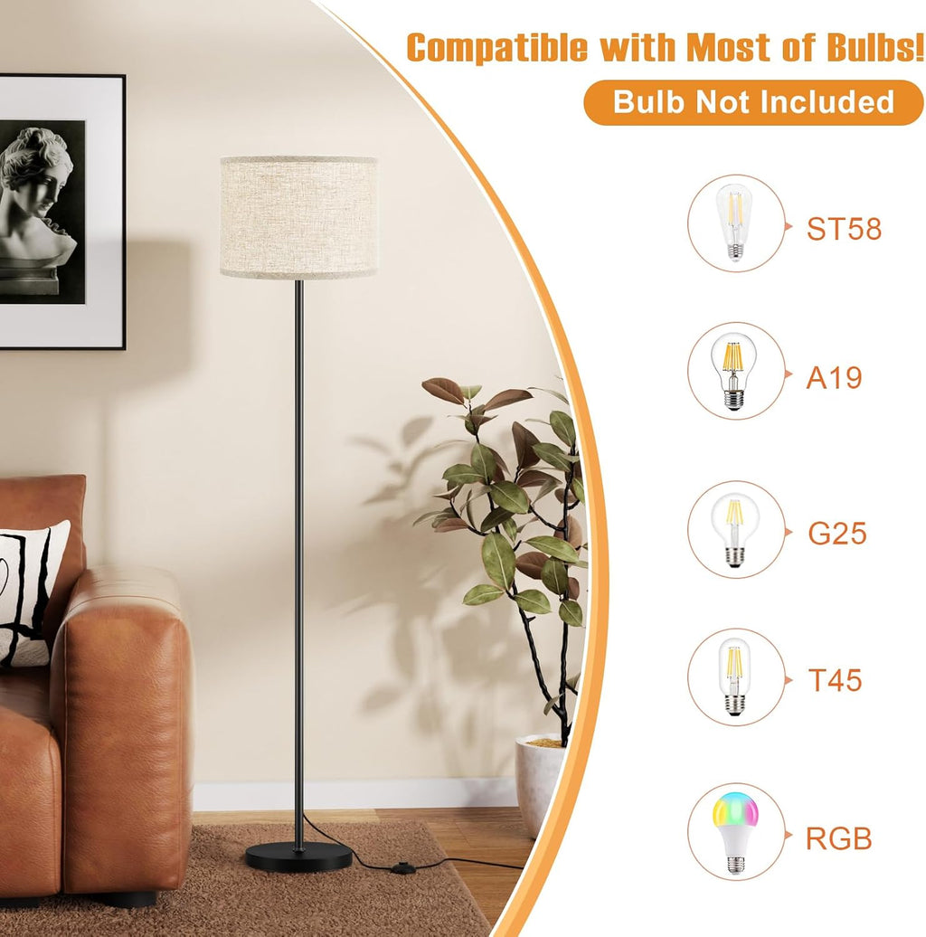 Ambimall 60'' Modern Floor Lamp Set of 2, 2PK Tall Lamps for Living Room Bedroom, Beige Shade with Black Pole(Without Bulb) 2 PCS Black
