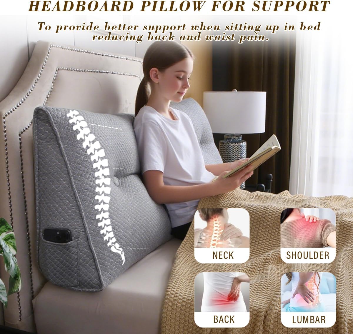 ZTVZTV Wedge Headboard Pillow for Bed, King Dorm Headboard Pillow Support for Sitting Up, Reading, Relaxing, Bolster Pillow with Rem…