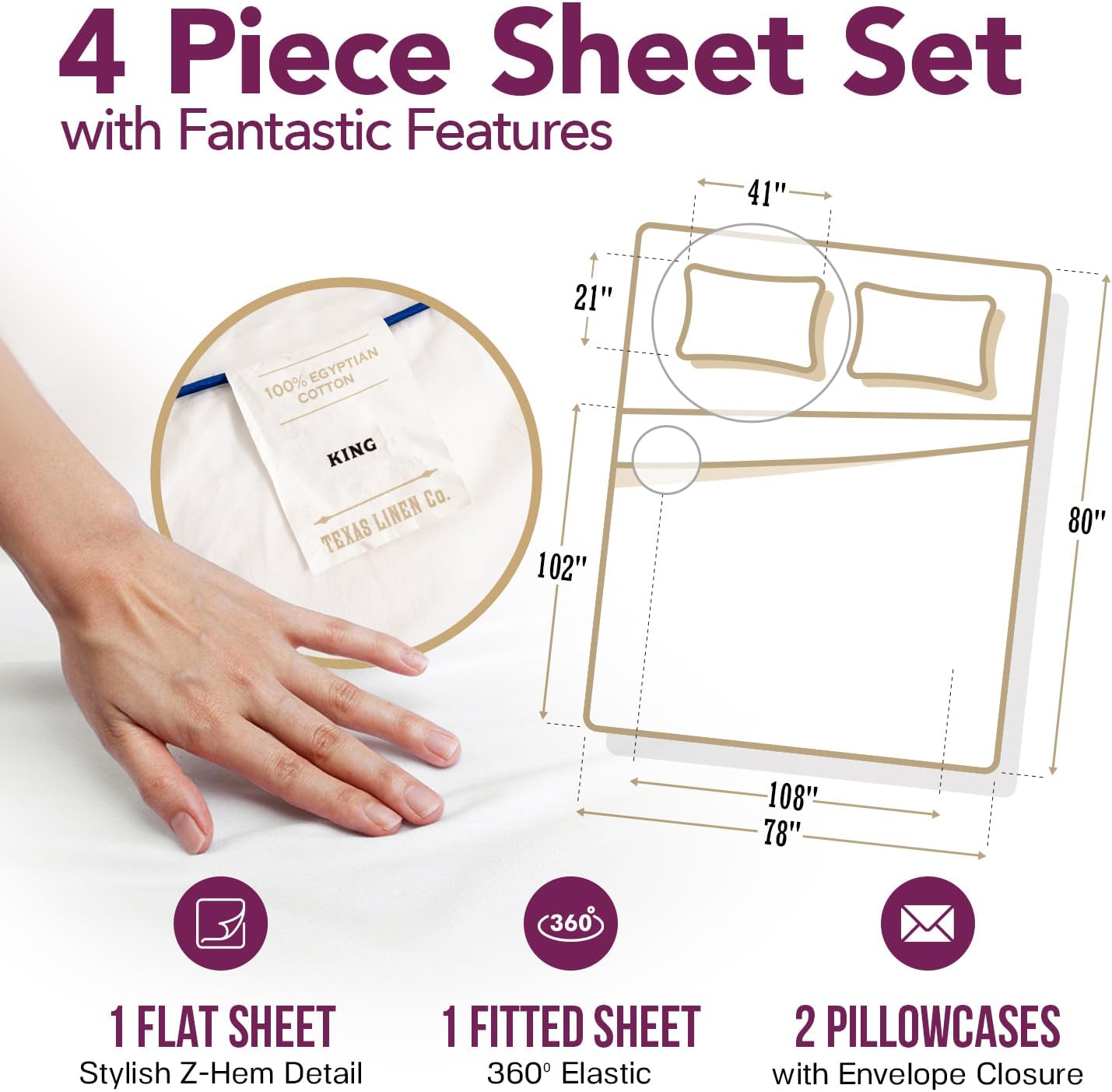 TEXAS LINEN CO. 100% Egyptian Cotton Sheets King Size Set - 1200 Series Star Sleepin' Damask Egyptian Cotton Luxury Sheets King Size (4…