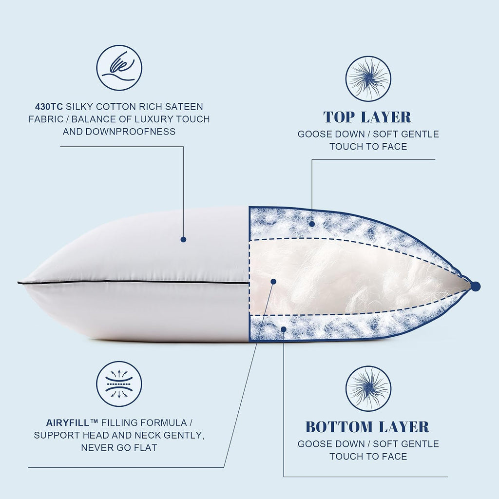 Mosluna Feather Down Pillows Queen Size Set of 2, Luxury Hotel Collection Bed Pillow 2 Pack, AiryfilTM Powered Fillings & Feathers Pillow, Fl…