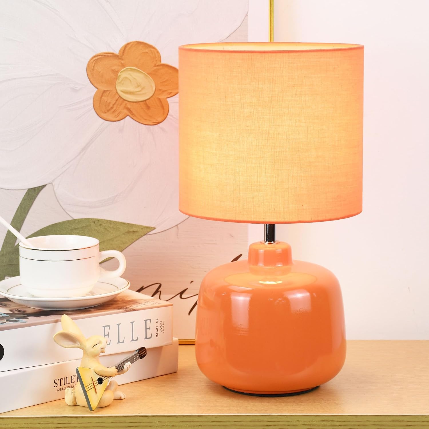 Oslo Small Ceramic Table Lamp for Living Room and Bedroom, Modern Kids Night Table Lamp, Φ7.09×H13.39IN, Bulb Excluded, Orange