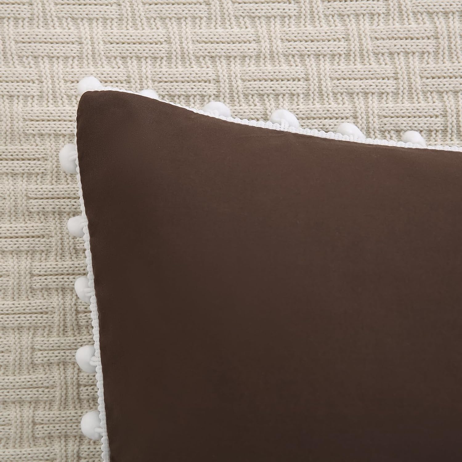 Moveover Dark Brown Pom Poms Pillowcases, Standard Queen Size Pillow Cases Set of 2, 100% Washed Microfiber, Chocolate Ball Fringe Pillow Co…