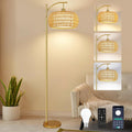 ZECOXOL Gold Floor Lamps for Living Room Rattan Boho Floor Lamp with Remote Control & 3 Color Temperature, Dimmable Arc Floor Lamps Brass…