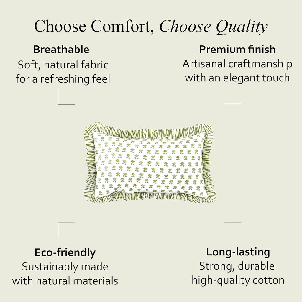 Cottonprintclub CPC Hand Block Print Lotus Meadow Ruffle Sham Pillow Cover 20" x 12" inch Hidden Zipper Decorative Pillowcase for Couch, Be…