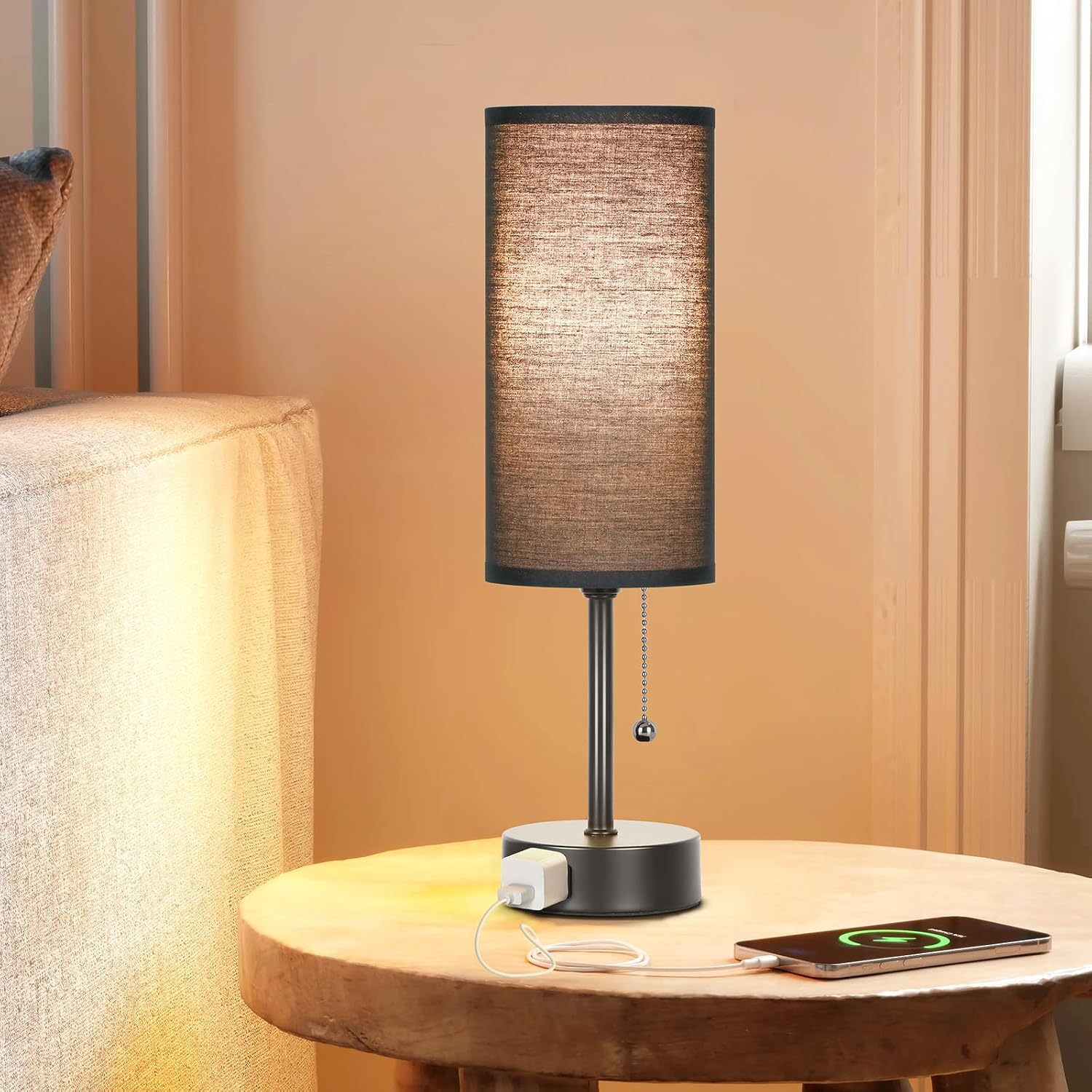 Dott Arts Table Lamp for Bedroom, 3-Color Bedside Lamps with Pull Chain, Bedroom Table Lamps for Nightstand, AC Outlet Small Lamp for…