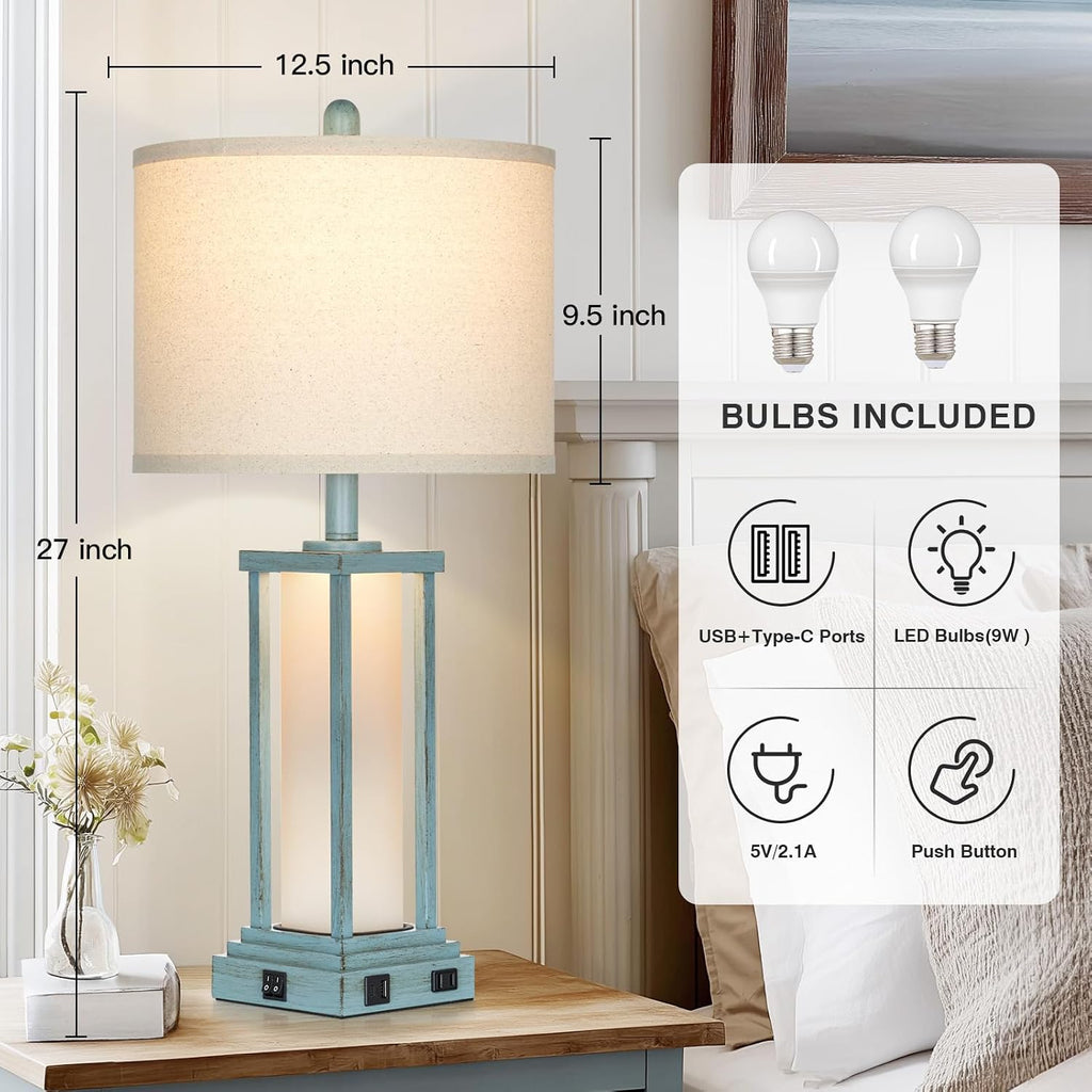 Cinkeda 27" Tall Vintage Table Lamp Set of 2 with USB C+A & Outlet, Nightstand Lamp for Living Room, Coastal Bedside Lamps with Frosted…
