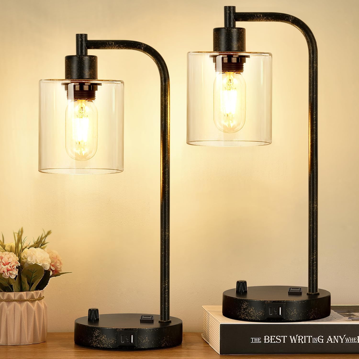 Set of 2 Industrial Table Lamps with USB Port, Rustic Black Fully Stepless Dimmable Bedside Lamps for bedrooms, Nightstand Desk Lamps…