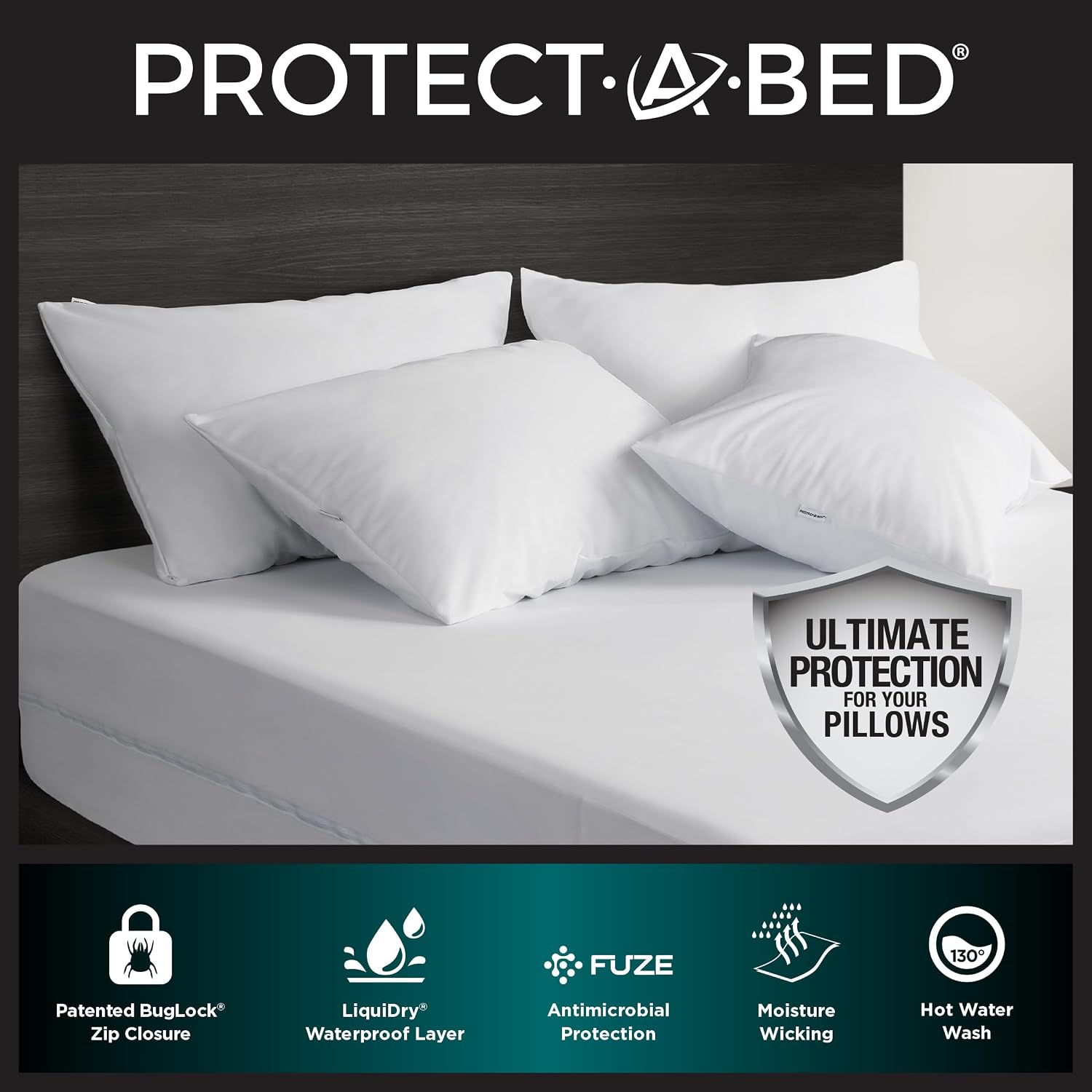 Protect-A-Bed AllerZip Queen 20" x 30" Pillow Protectors (Set of 2), Bed Bug and Dust Mite Proof, Noiseless and Odor-Resistant Pillow Cover…