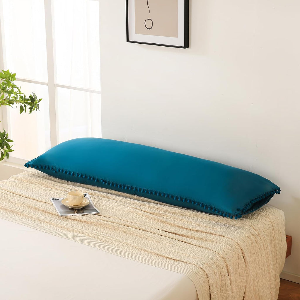 Moveover Move Over Teal Blue Body Pillow Cover 20x54 Body Pillow Cover Cute Pom Poms Fringe Design Soft Microfiber Boho Chic Home Decor Lon…
