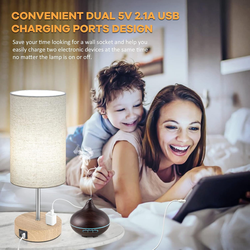 Brightever Bedside Table Lamps with 2 USB Charging Ports & AC Outlet, Set of 2 Touch Control Wooden Base Nightstand 3-Way Dimmable Lamps wi…