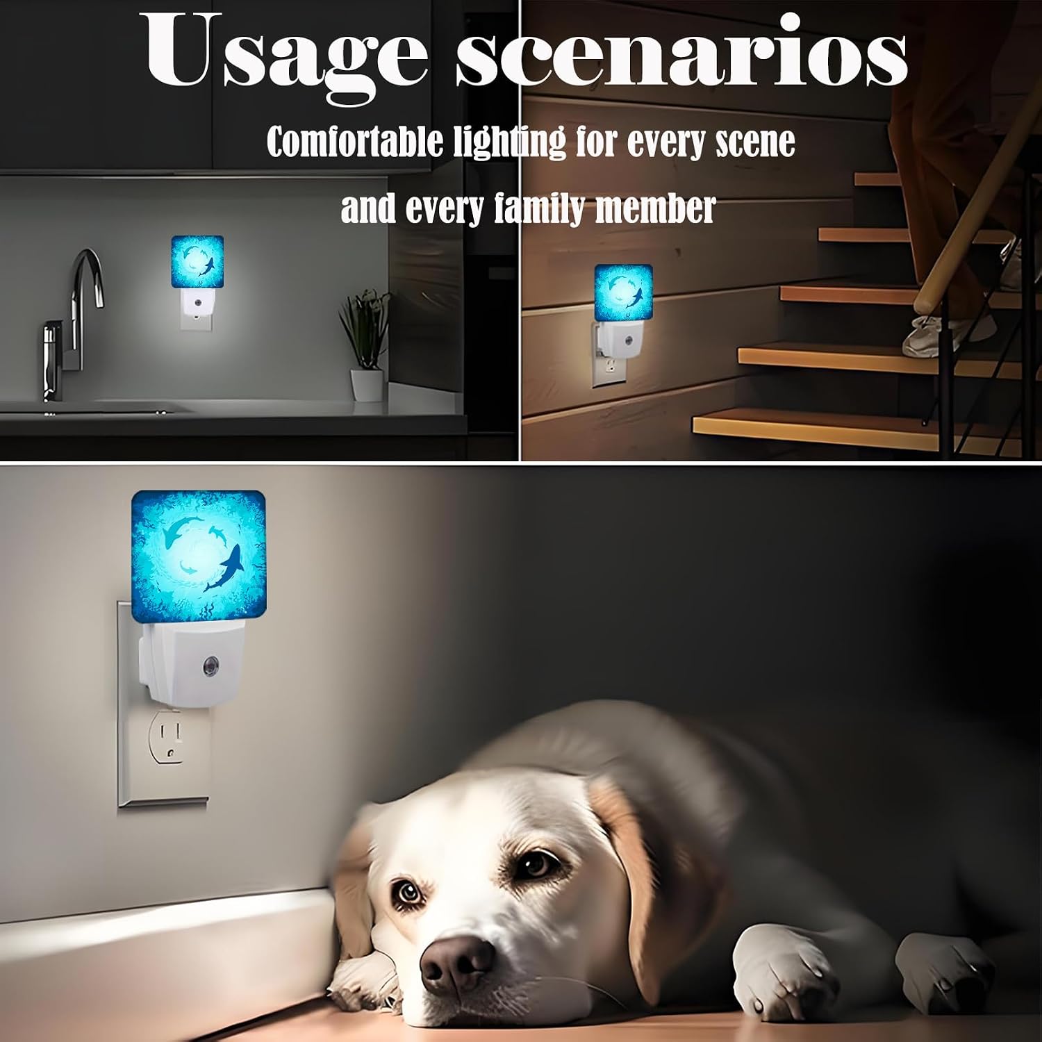 Floating Sharks Night Light, Plug Into Wall with Dusk to Dawn Light Sensors, Warm Nightlights for Bedroom, Bathroom, Hallway, Kitchen…