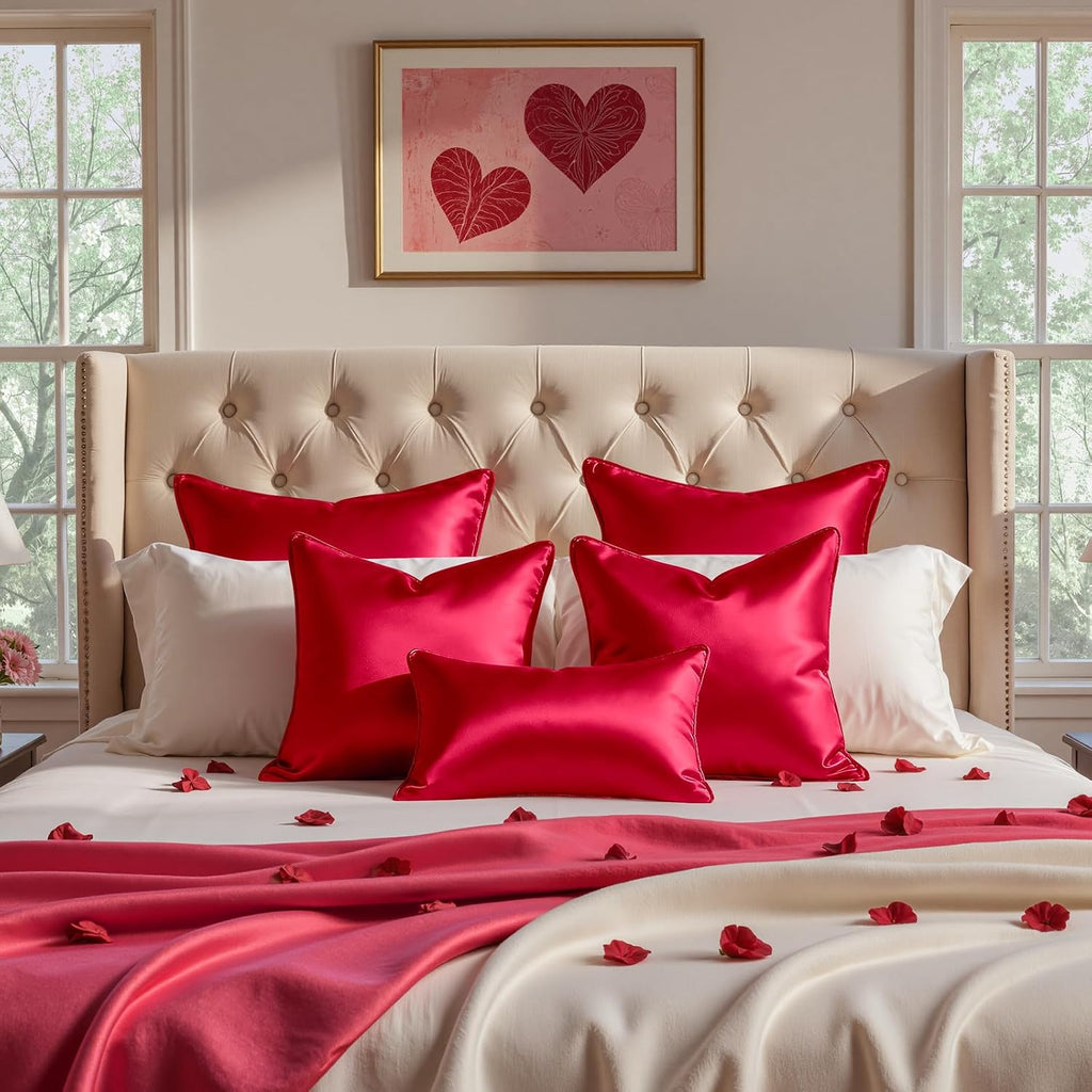 Homeideas Red Decorative Throw Pillow Covers 18x18 Set of 2, Glossy Faux Silk Pillow Covers for Couch Sofa Bed Decor Luxury Summer Euro Cus…