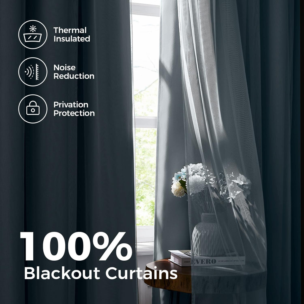 Swandream 100% Blackout Curtains for Bedroom, Double Layer Blue Curtains, Black Out Curtain 108 inch Long with Sheer Overlay for Living Roo…