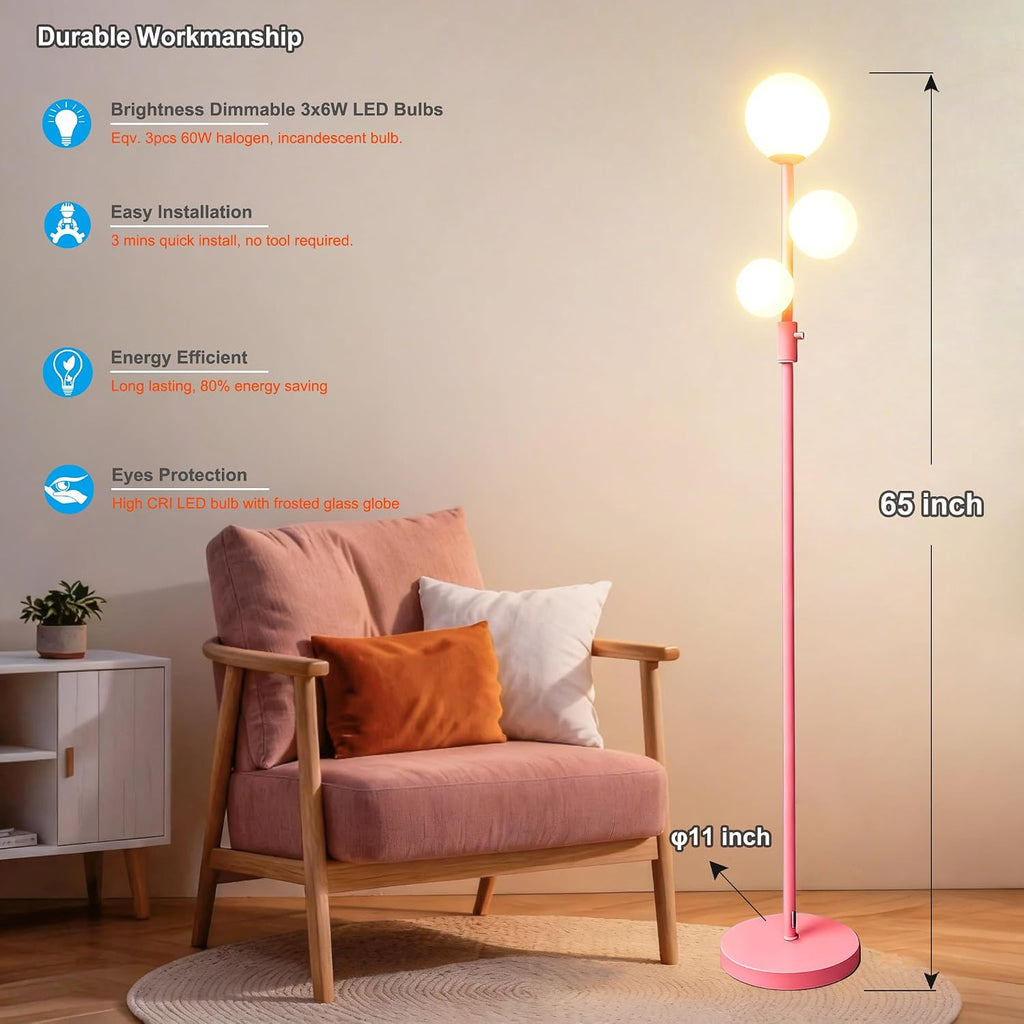Fiqevs Modern Pink Globe Floor Lamp with Frosted Glass Shade and LED Bulbs, Dimmable Elegant Standing Lamp with Foot Pedal, Tall Pole Lamp…
