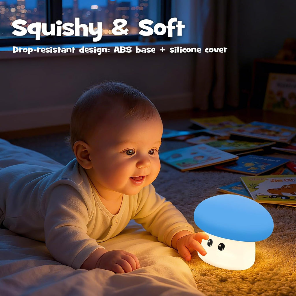 Squishy Big Eyes Mushroom Night Light with RGB Mode 3 Brightness Adjustable Nursery Breastfeeding Nightlight Cute LED Blue Mushroom Lamp…
