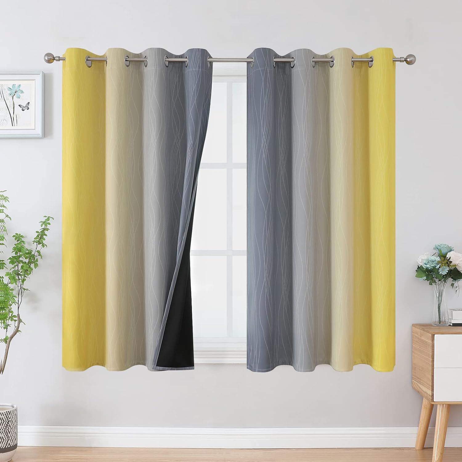Estelartextiler Ombre Gray and Yellow Blackout Curtains 45 Inch Length 2 panels, Full Room Darkening Curtains for Kids Room, Grommet Therma…