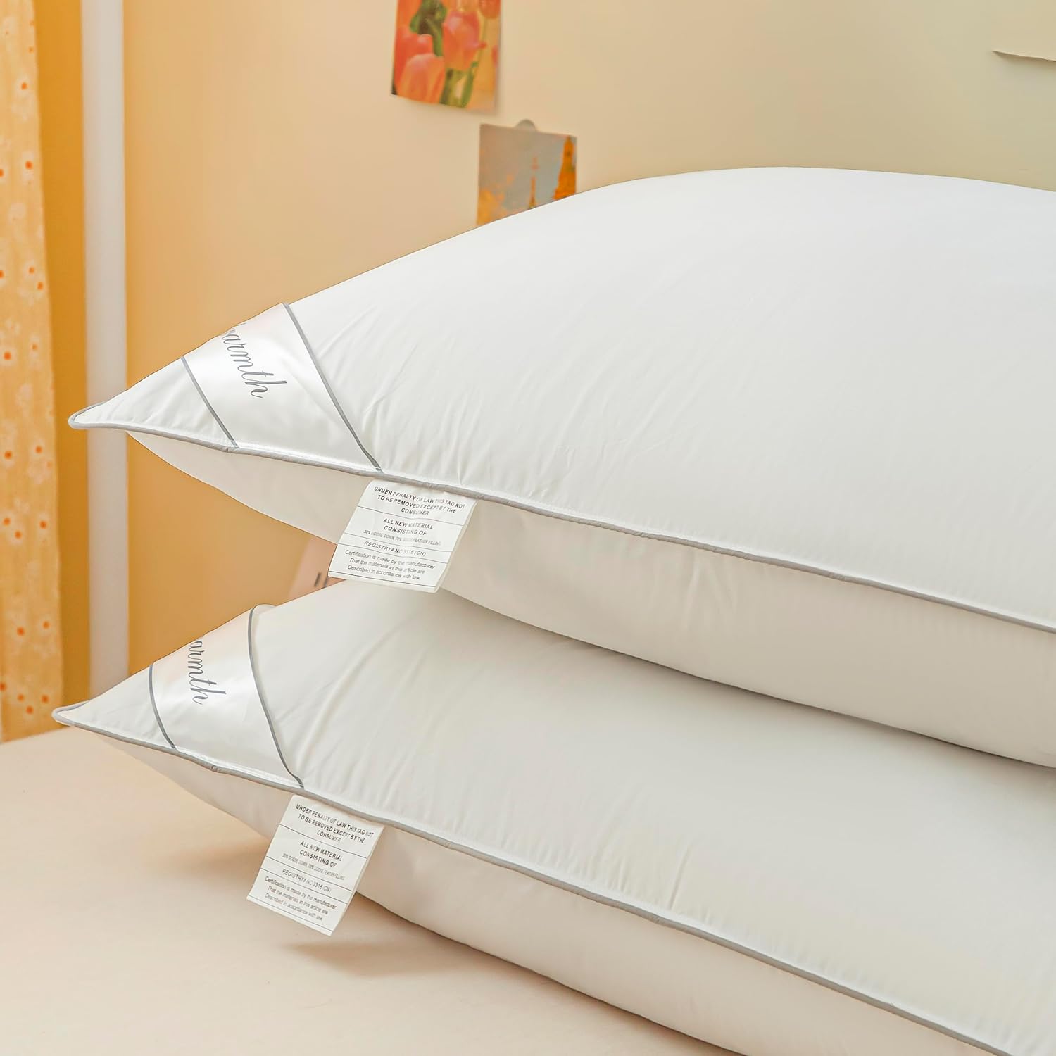 Eastwarmth Goose Feathers Down Pillows for Sleeping, Hotel Collection Bed Pillow with Grey Piping Queen Size (20X30IN) 1 Pack 1 Pack 44oz C…