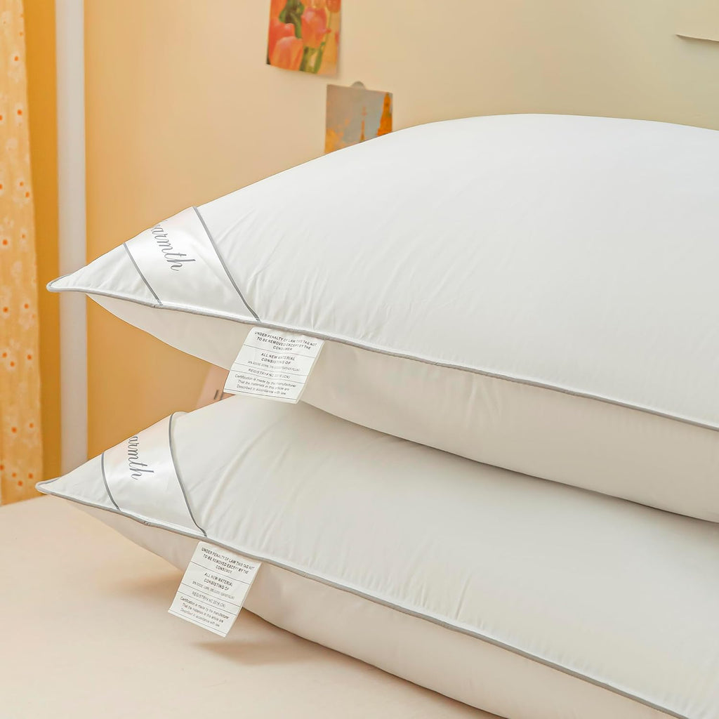 Eastwarmth King Size Goose Down Feather Hotel Collection Bed Pillows with Grey Piping for Sleeping,100% Cotton Cover White Color King(20x36…