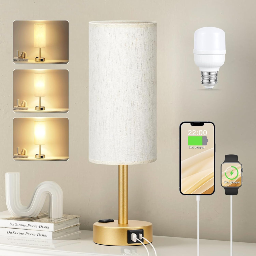 Fenmzee Gold Nightstand Bedroom Lamp - 3 Way Dimmable Bedside Lamp USB C A Charging Ports and AC Outlet, Small Table Lamp Linen Lampshade…