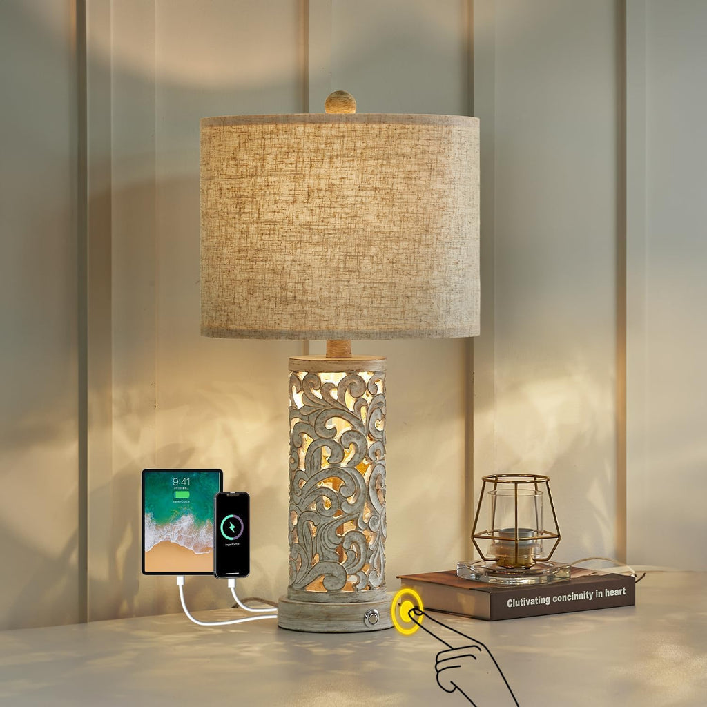 OYEARS 3-Way Dimmable 22'' USB A+C Touch Control Table Lamp with Nightlight for Living Room Bedroom Farmhouse Bedside Nightstand Lamps…