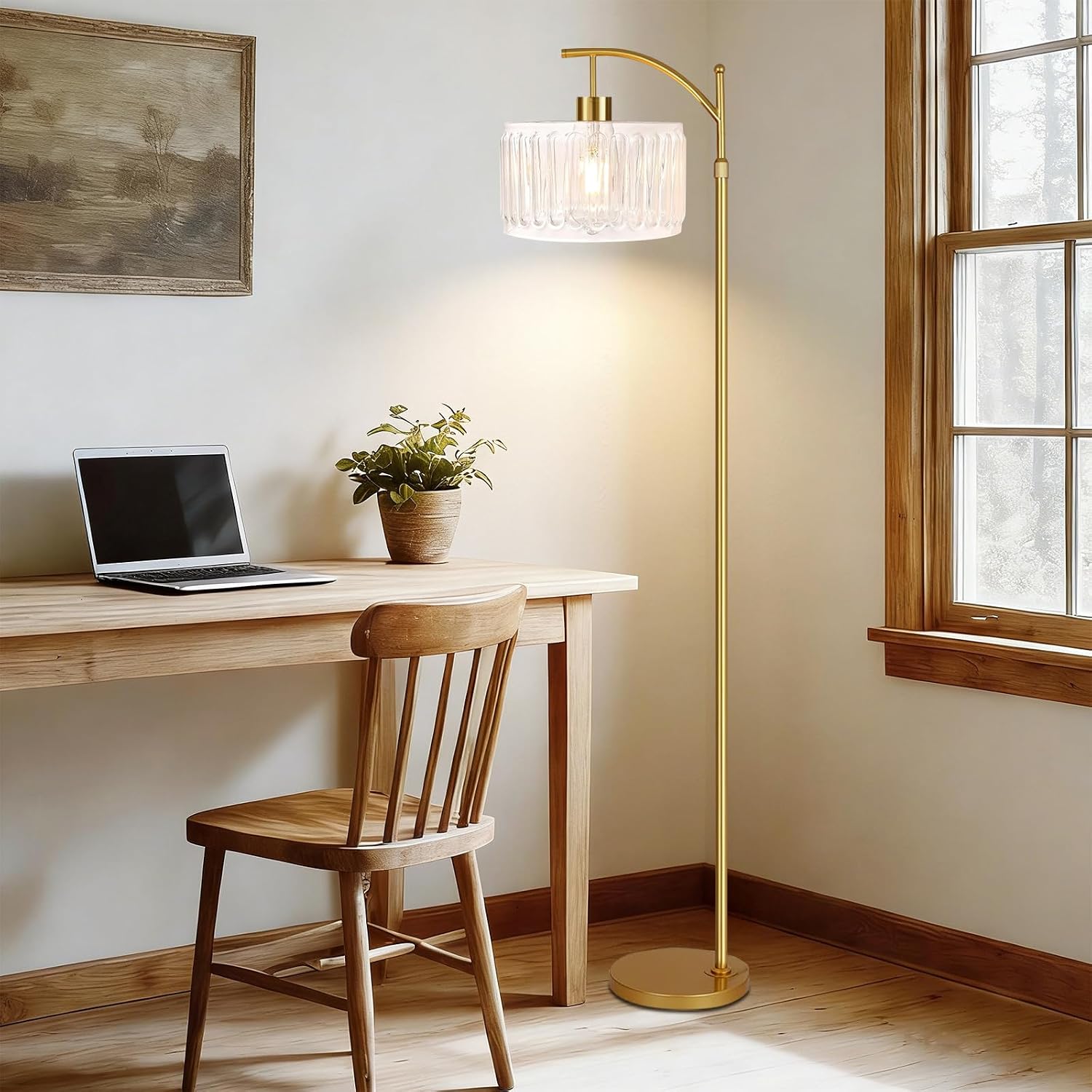 QIYIZM Glass Floor Lamp for Living Room, Bedroom, Gold Dimmable Standing Lamp with Remote, Brass White Tall Lamp Boho Mid Century Modern…
