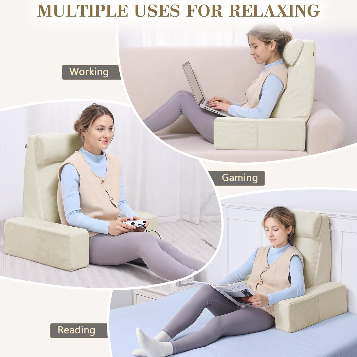 Reading Pillow for Sitting in Bed Adult, 19" Memory Foam Back Support Pillow for Bed Sitting up Beige