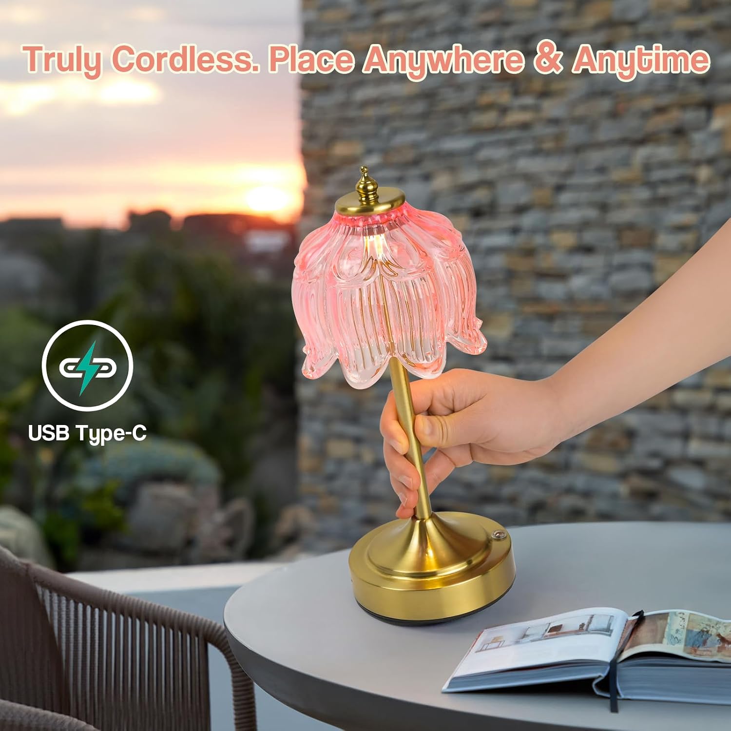 Cordless Lotus Flower Table Lamp, 5200mAh Rechargeable Battery Operated Portable Lamp, 3-Color Dimmable Touch Control Small Desk Lamp for…