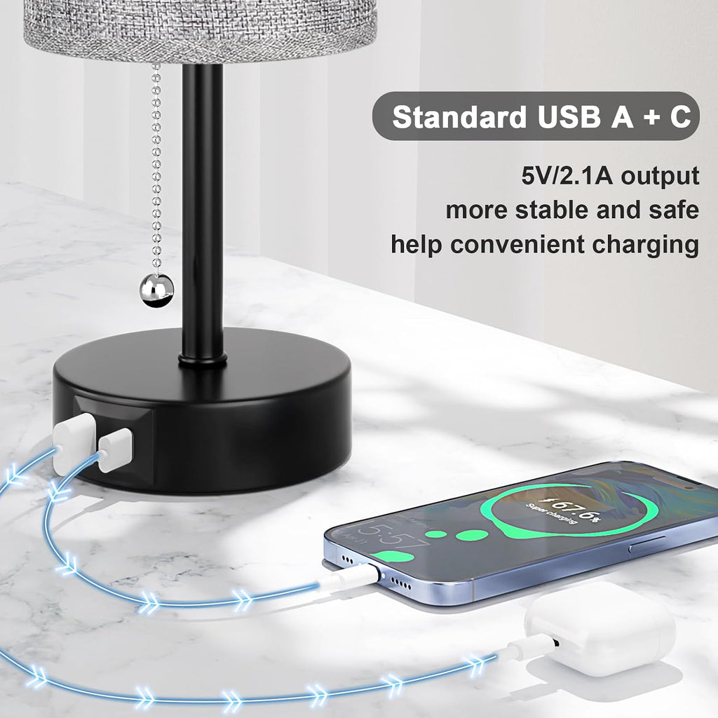 Grey Bedside Lamp for Bedroom Nightstand - Small Table Lamp with USB A + C Charging Port, 3 Color Temperatures Pull Chain Night Stand…