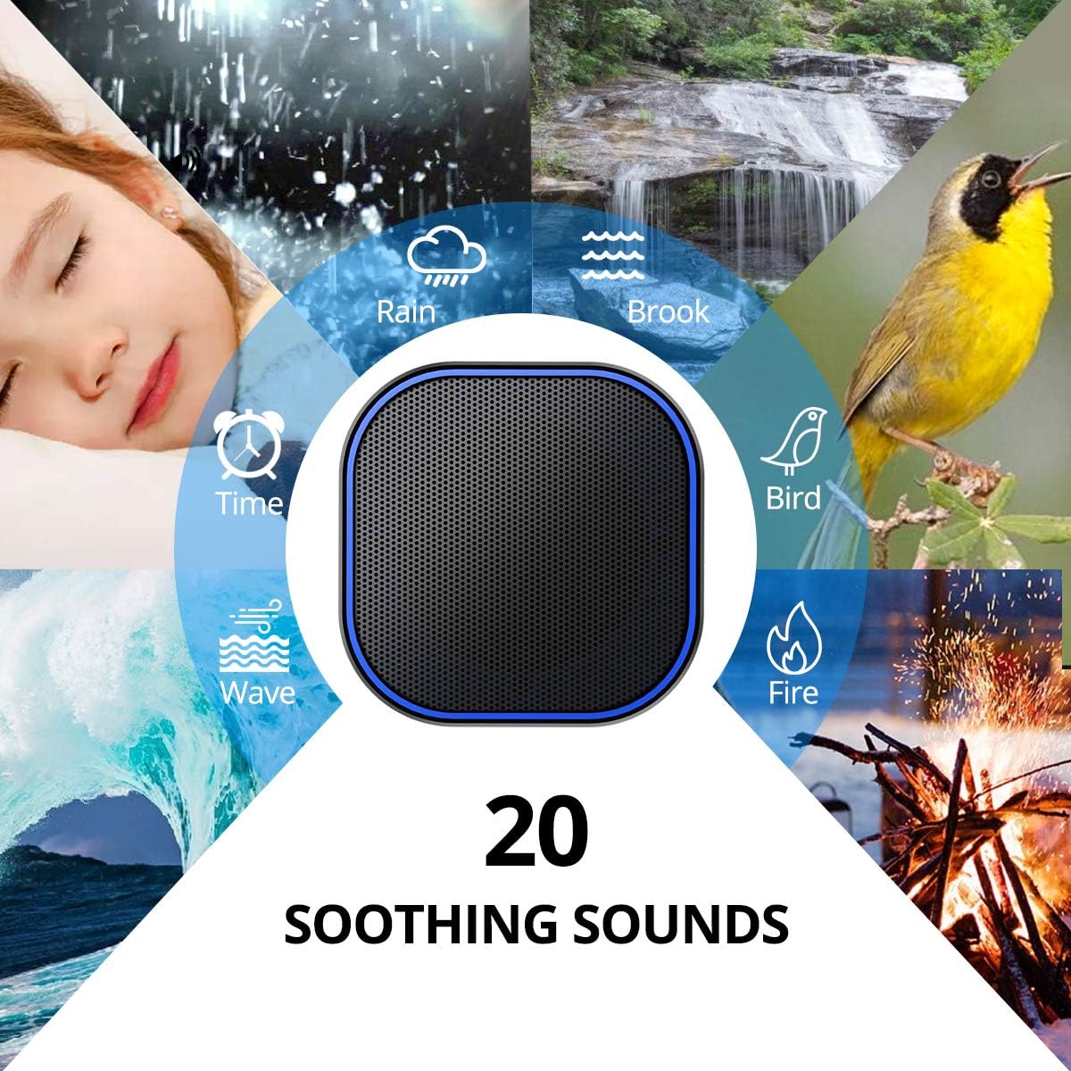 Magicteam Sound White Noise Machine with 20 Non Looping Natural Soothing Sounds and Memory Function 32 Levels of Volume Powered by AC or US…
