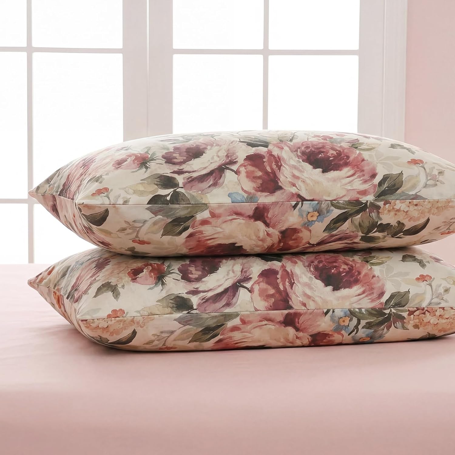Bedorm Queen Size Pillow Covers Set of 2 Cotton Pillow Case Dark Pink Rose Flower Botanical Print Floral Pillowcases with Pocket Closure De…