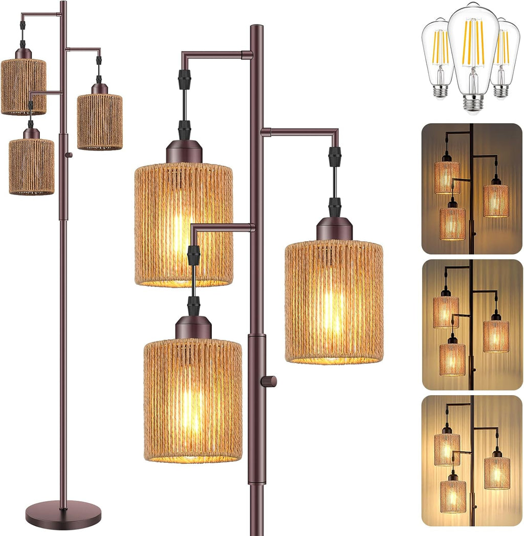 Hotsonic 72" Tall Boho Rattan Style Floor Lamp with Hand-Woven Paper Cord Shade, Dimmable Industrial Tree Standing Lamp for Living Room…