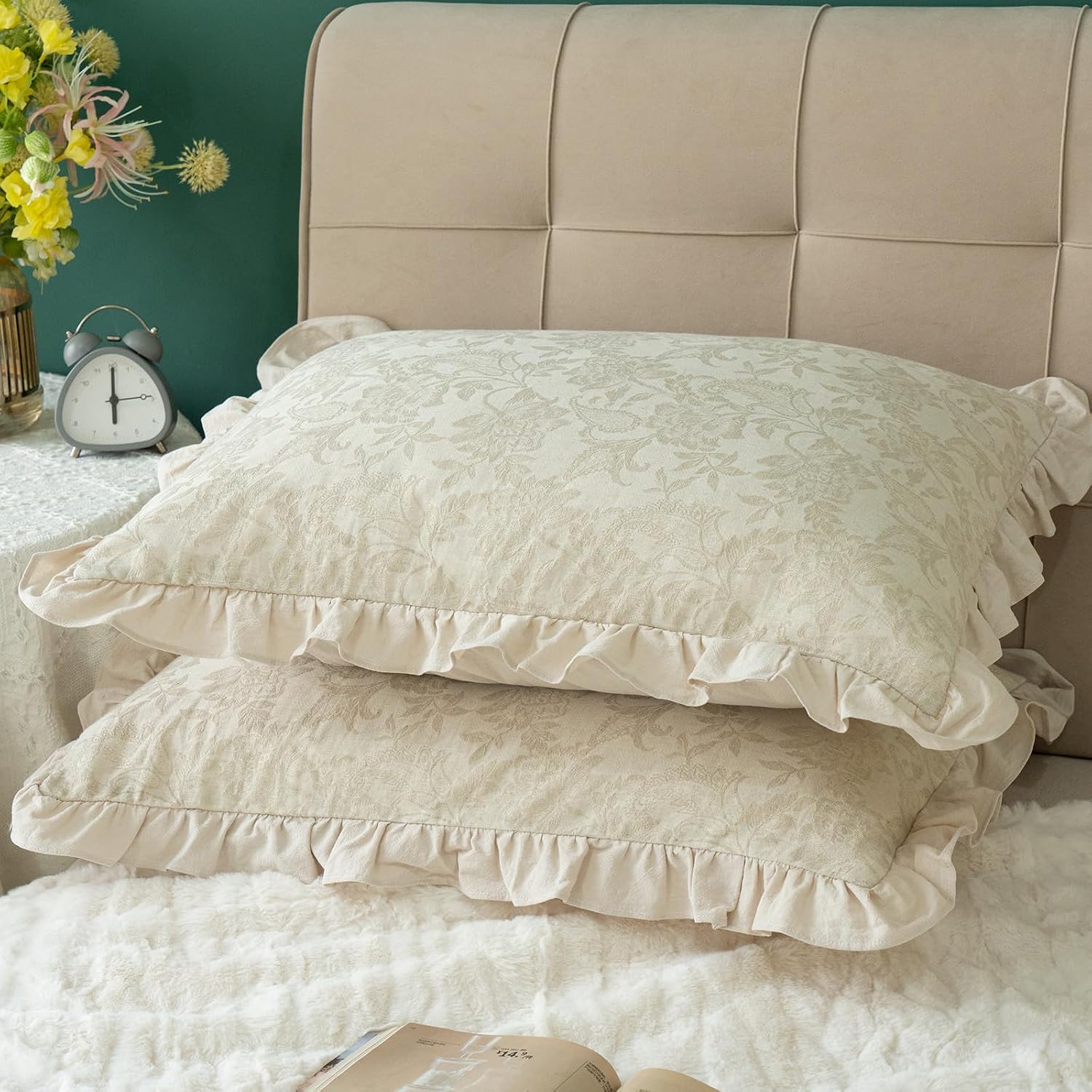 Pillow Shams Set of 2 Linen-Cotton Jacquard Fabric and Washed 100% Cotton Retro Ruffle Flounces Trim Solid Beige Decorative Pillow Cases…