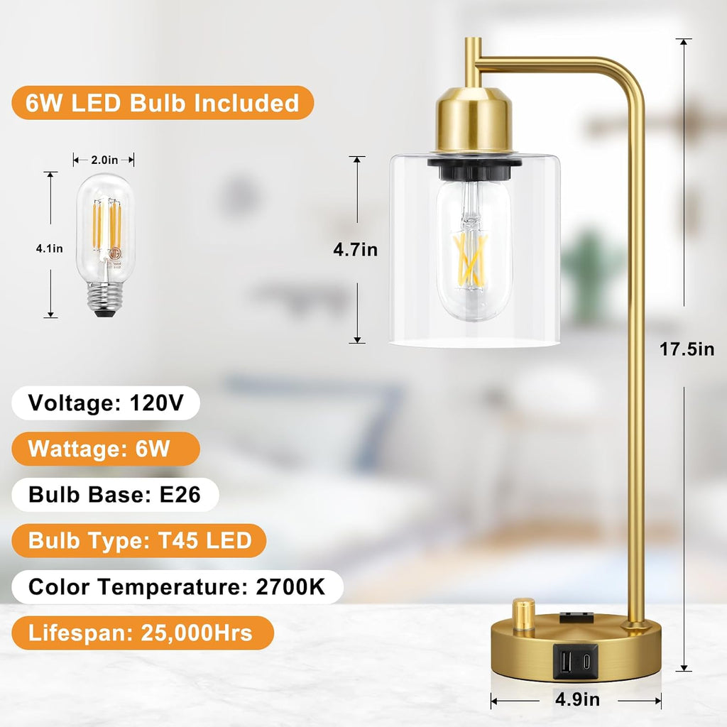Innqoo Gold Table Lamp for Bedroom - Industrial Bedside Lamp with USB Port and Outlet, Fully Dimmable Nightstand Lamp with Clear Glass…