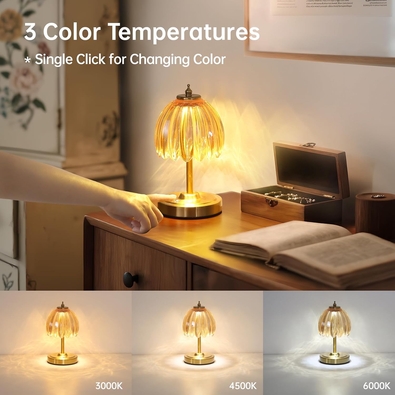 Shenmoyl Tulip Small Table Lamp, 5200mAh Cordless Touch Control Mini Table Lamp with 3 Color Temps & Stepless Dimming, Perfect for Small Sp…