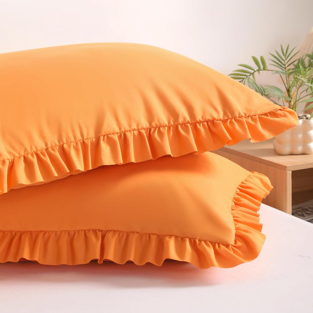 Bedsum Ruffled Pillow Shams Standard 20x26 Set of 2, Brushed Microfiber Pillowcases with Envelope Closure, Soft Wrinkle-Resistant, Orange
