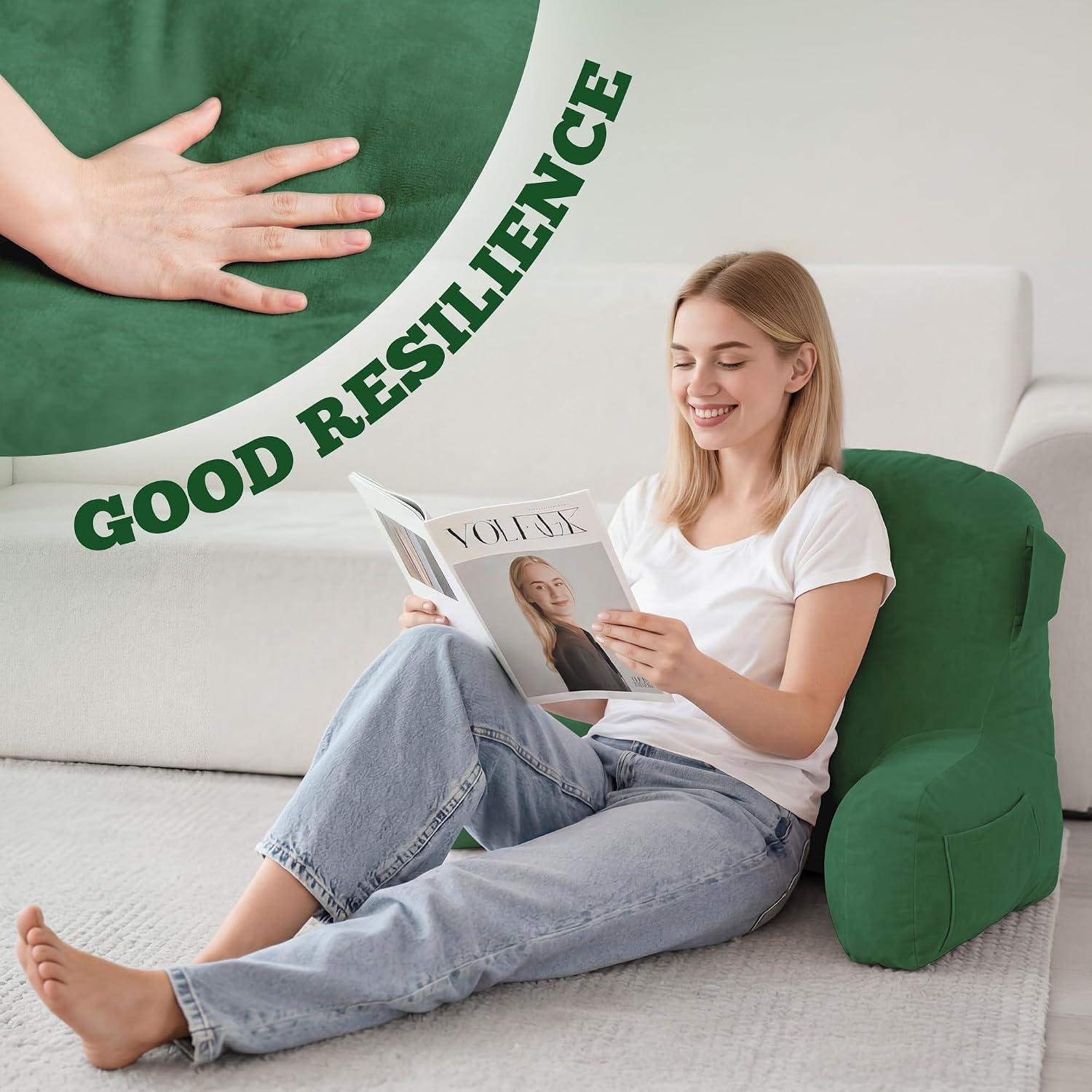 Unisakey Portable Comfy Reading Pillows for Bed Sitting Up(Green Oeko-Tex), Velvet Back Pillow with Arms & Pockets for Adults, Support…