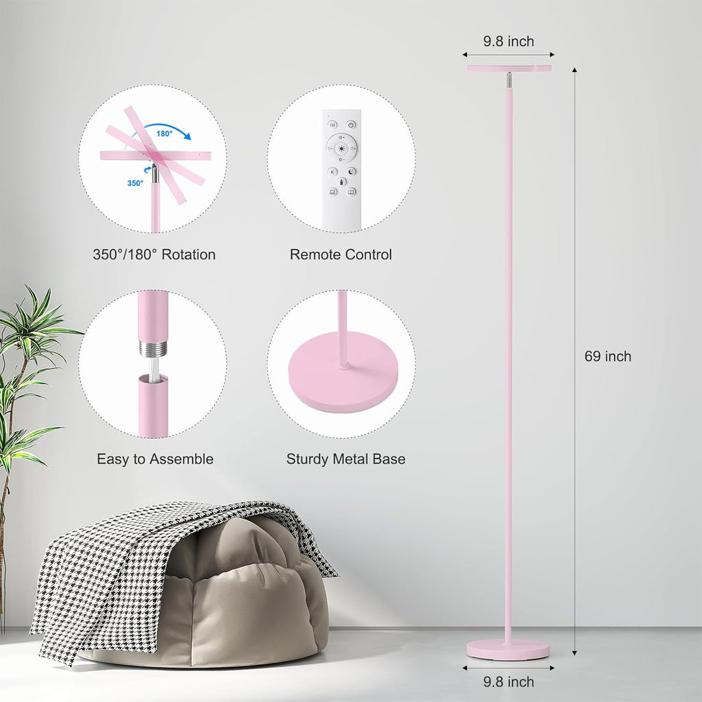 Sunmory Soft Pink Torchiere Floor Lamp for Bedroom and Office – Elegant Standing Lamp with Modern Design, Perfect for Ambient Lighting in L…