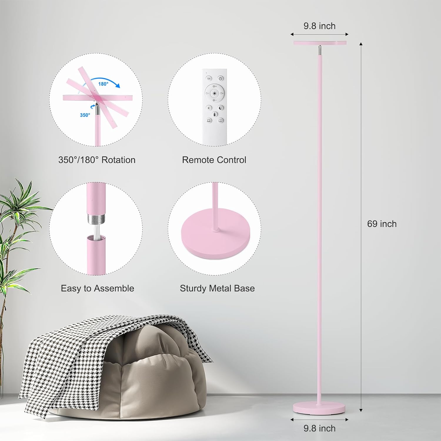 Sunmory Soft Pink Torchiere Floor Lamp for Bedroom and Office – Elegant Standing Lamp with Modern Design, Perfect for Ambient Lighting in L…