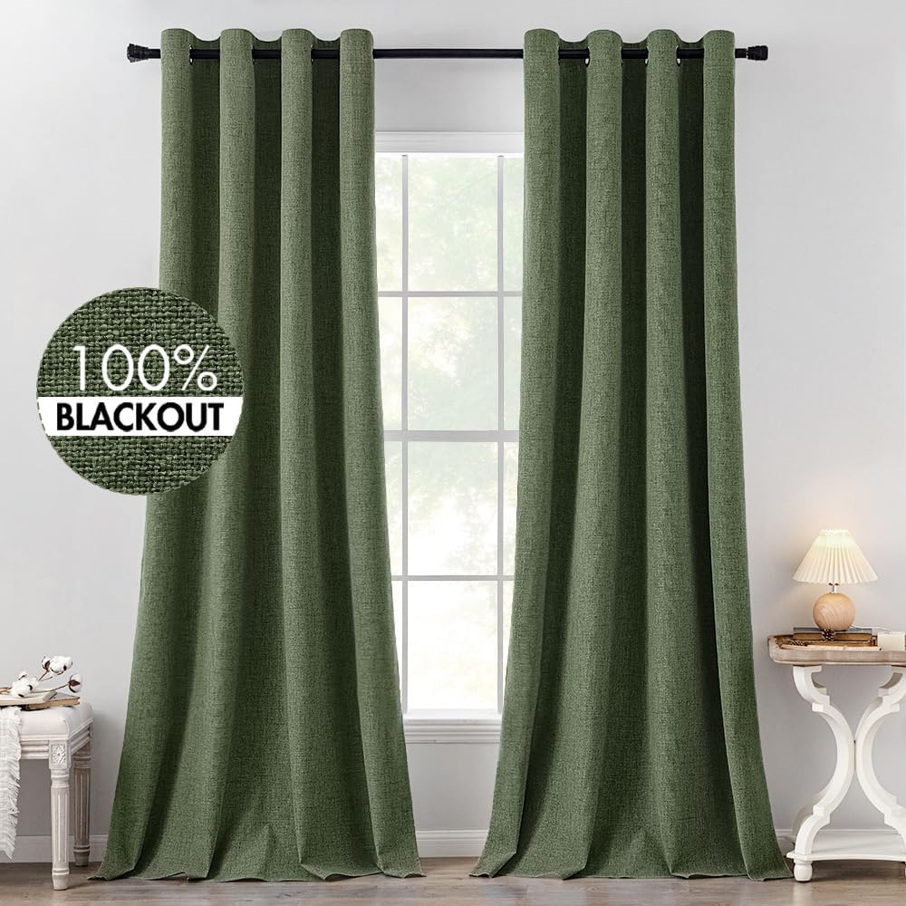 Miulee 100% Blackout Linen Textured Curtains for Bedroom Solid Thermal Insulated Olive Green Grommet Room Darkening Curtains & Drapes Luxur…