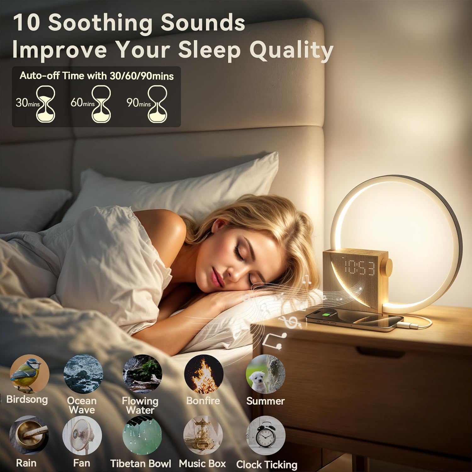 Vivilumens Sunrise Alarm Clock Sound Machine Nightlight, Gradual Wake Up Light, Digital Dimmable Clock, 10 White Noise Sleep Sounds…