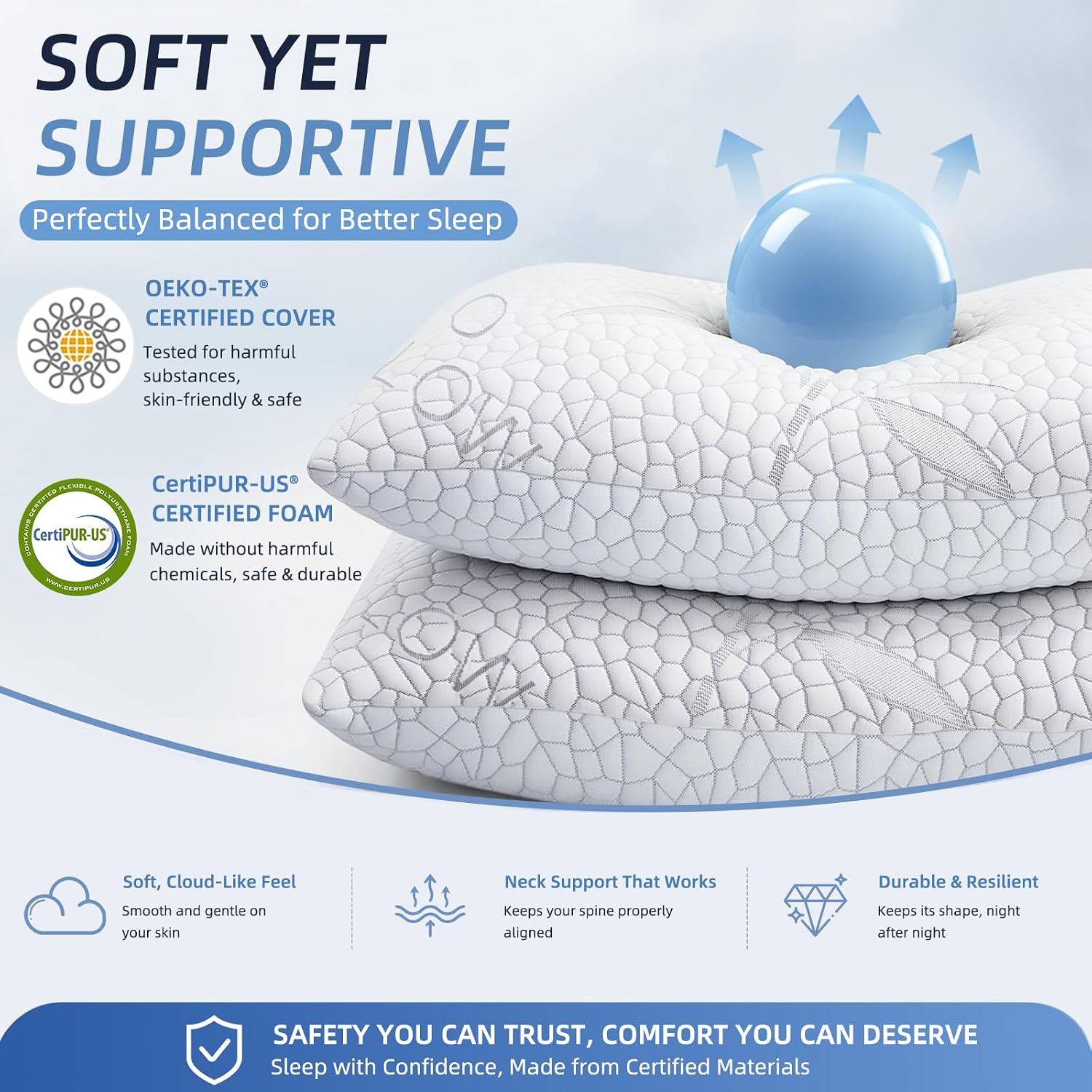 Yettbea Adjustable Shredded Memory Foam Pillows King Size Set of 2, Luxury Bamboo Cooling Pillow w/Washable Zippered Cover, Soft or Firm…